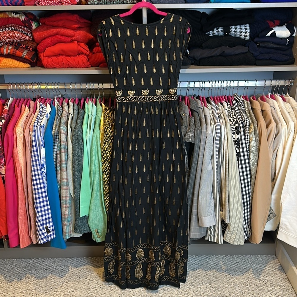 Lapogee black/gold print sleeveless v neck lined maxi dress size S - Picture 3 of 3